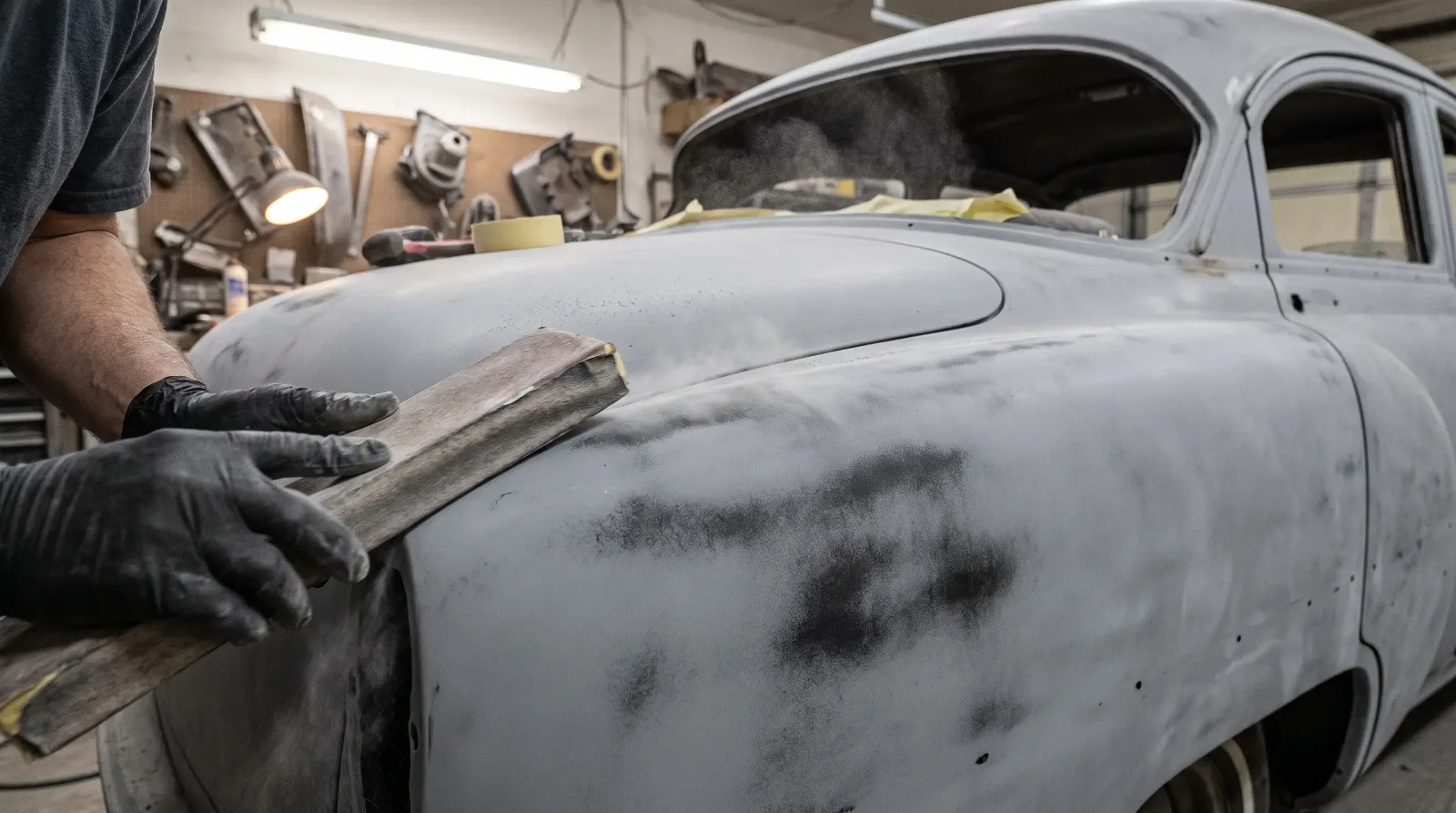 Technician block sanding gray high-build primer with guide coat on the rear quarter panel of a 1950s fastback in a restoration shop