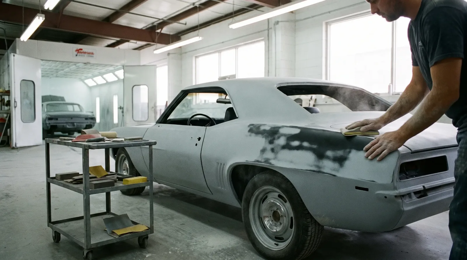Technician block sanding a muscle coupe in gray primer with guide coat in a body shop