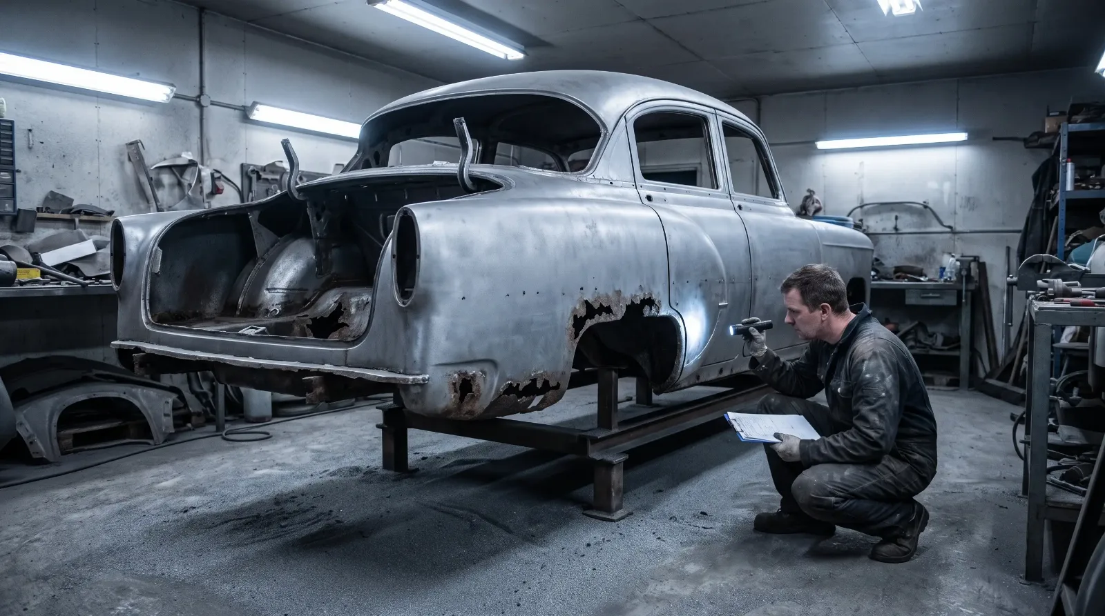 Restorer inspecting rust holes in the lower quarter panels and trunk floor of a freshly media-blasted 1950s sedan body