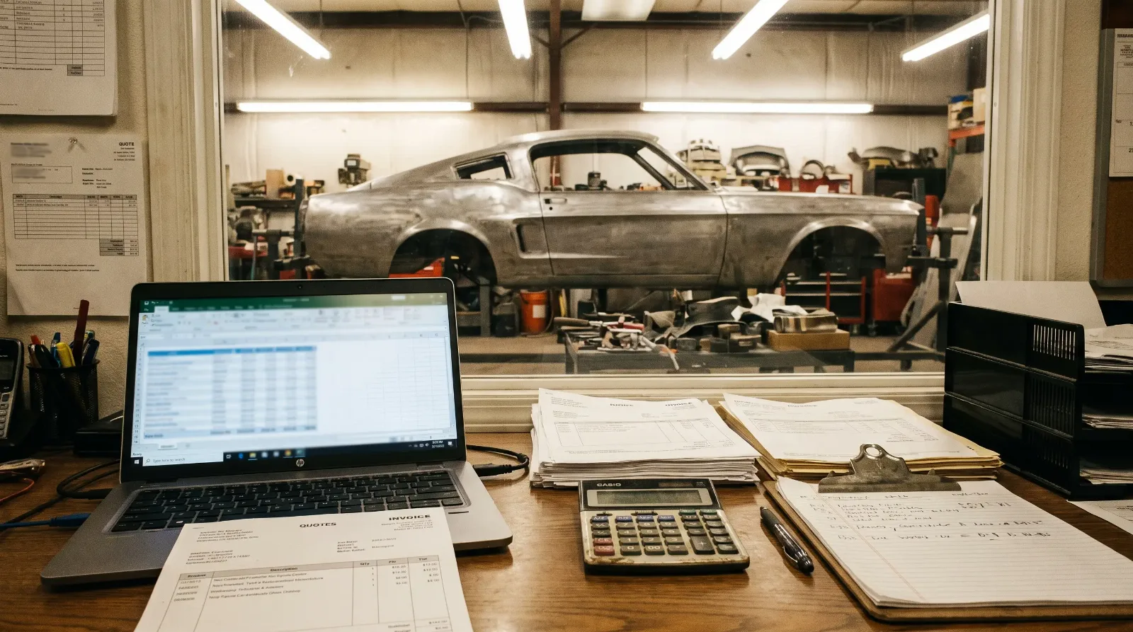 Restoration shop desk with a laptop spreadsheet, printed quotes and a calculator, with a bare-metal 1960s coupe body on a rotisserie behind