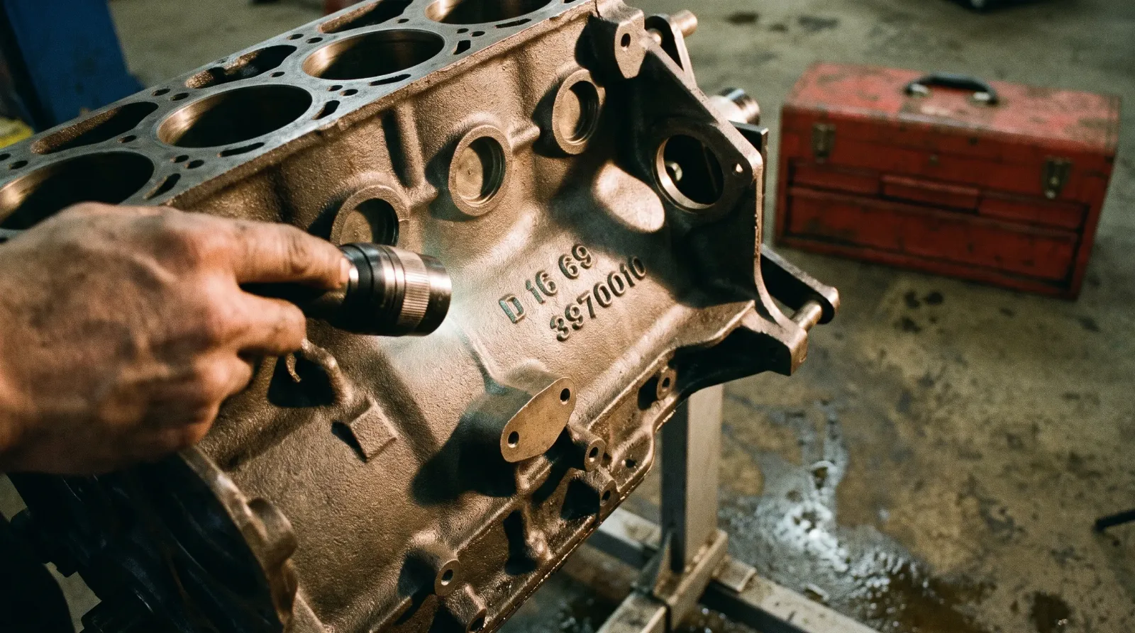 Flashlight raking across the cast date code on a classic V8 engine block on an engine stand