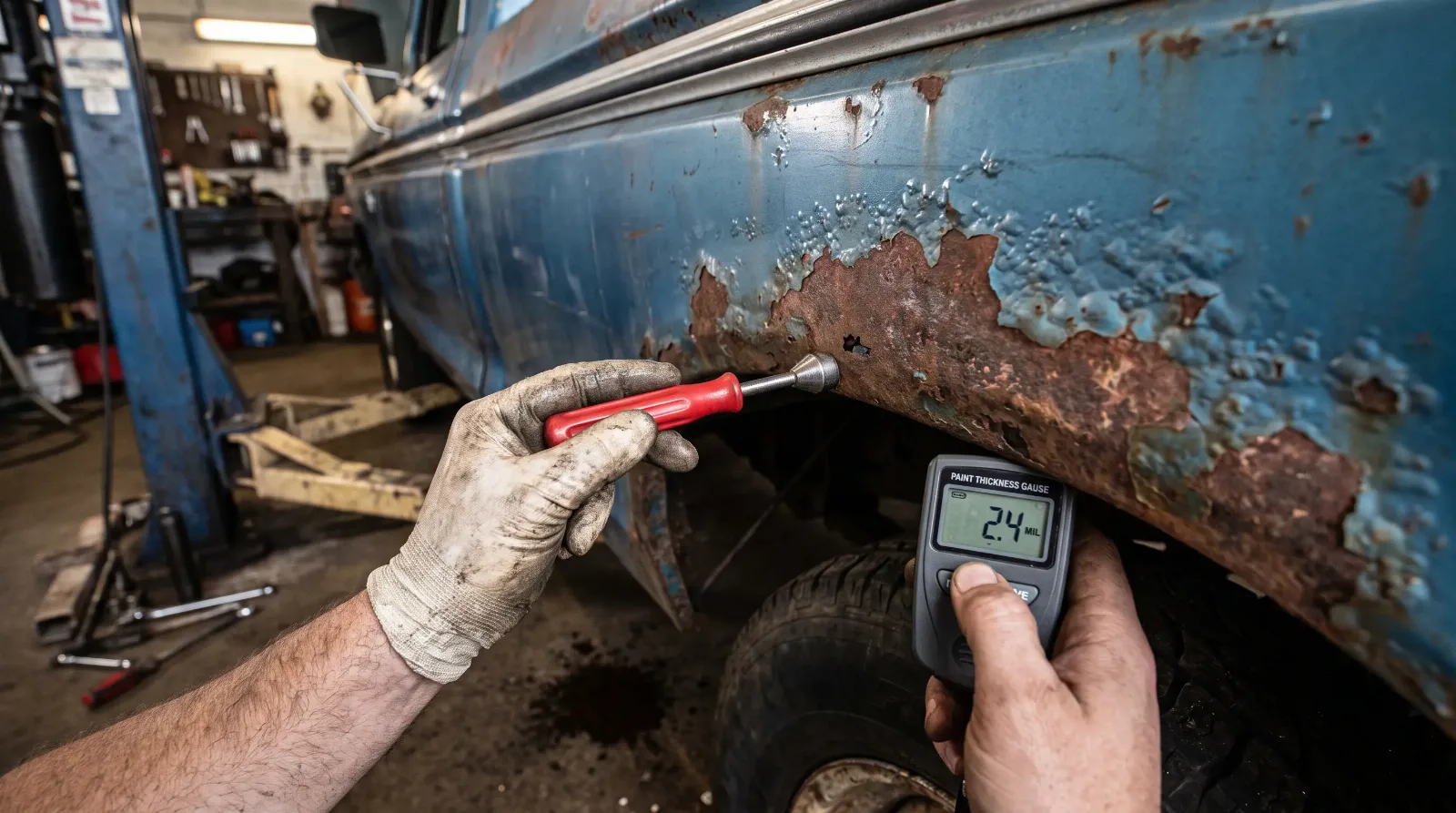 Mechanic checking a rusty quarter panel and wheel arch on a 1970s pickup with a magnet and paint thickness gauge