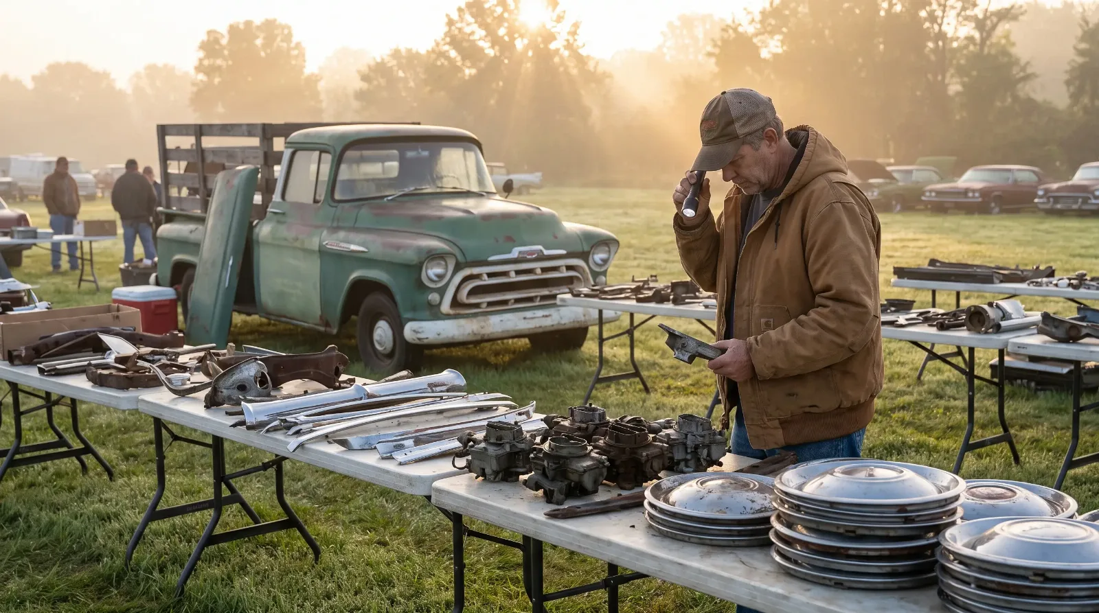 Vendor tables piled with vintage chrome trim and carburetors at an early morning classic car swap meet