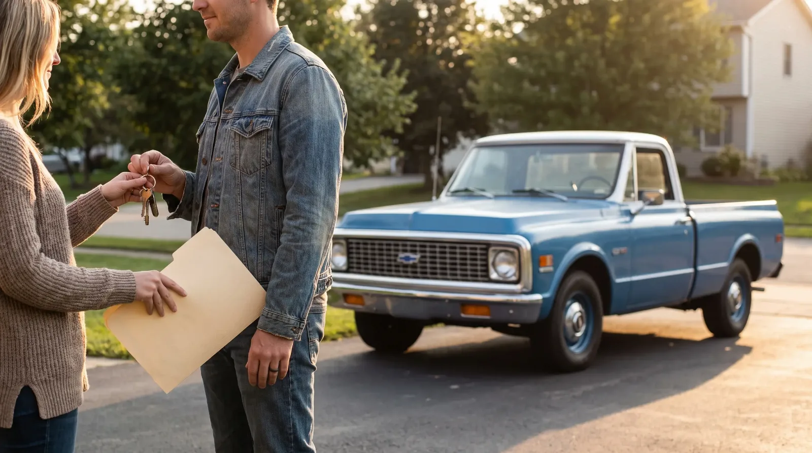 Seller handing keys and a document folder to the buyer beside a blue 1972 Chevrolet C10