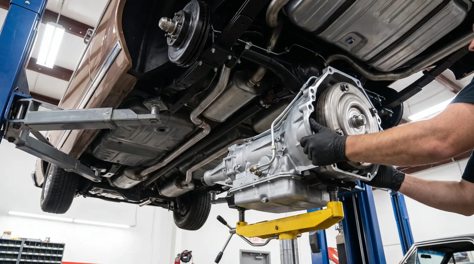Mechanic installing a rebuilt automatic transmission and torque converter under a 1960s coupe on a lift