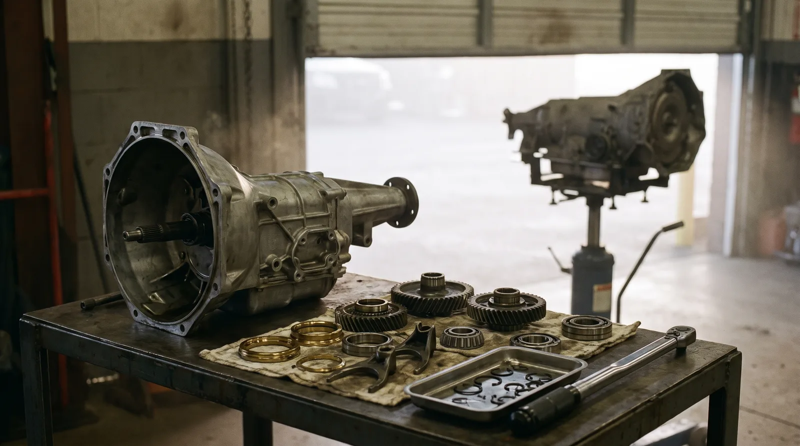 Manual transmission rebuild, gears and synchros laid out on a shop bench