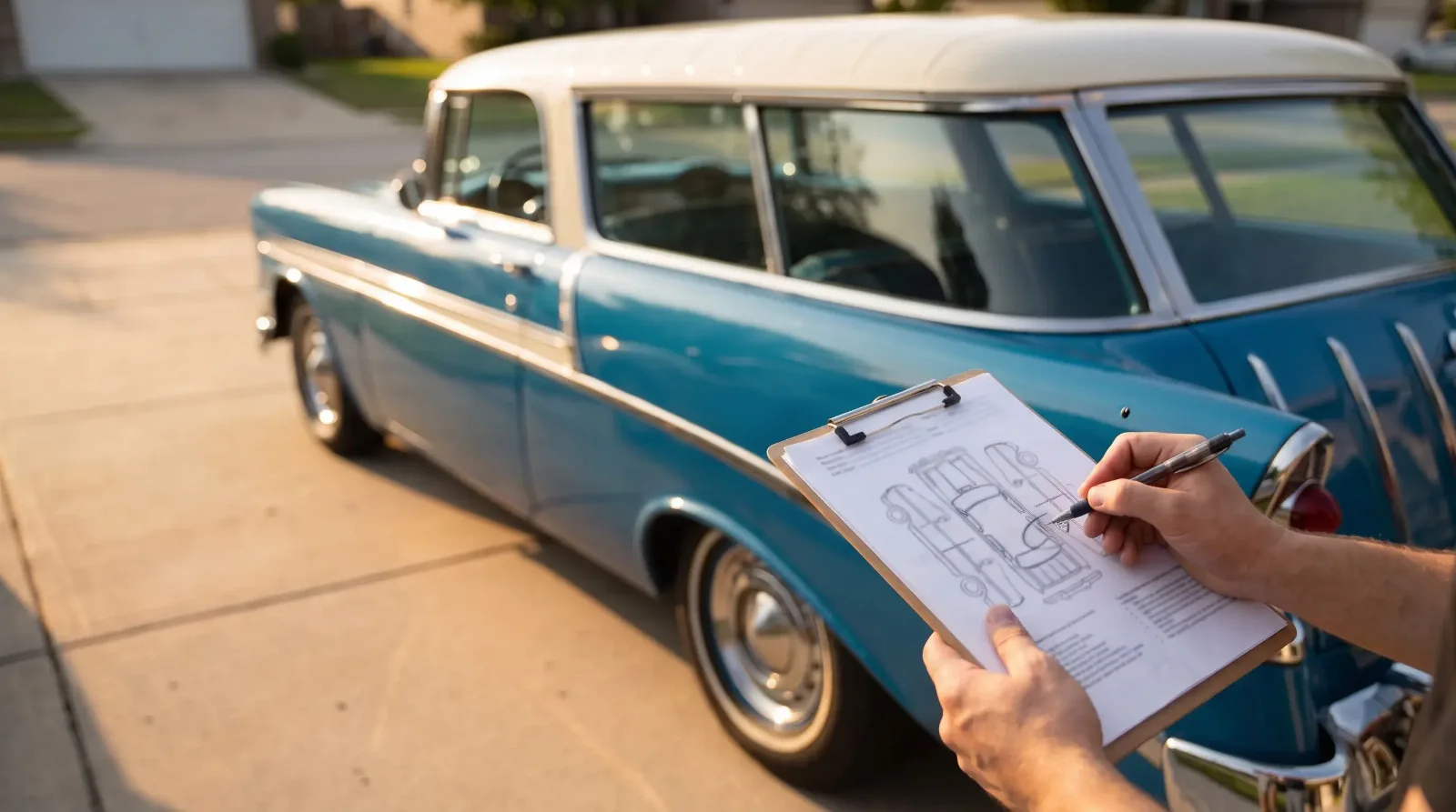 Hands marking a vehicle damage diagram beside a delivered blue 1956 Chevrolet Nomad