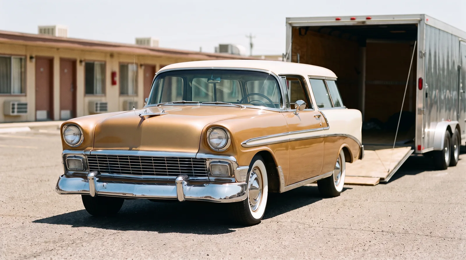 1956 Chevrolet Nomad, beside an enclosed car trailer at a motel