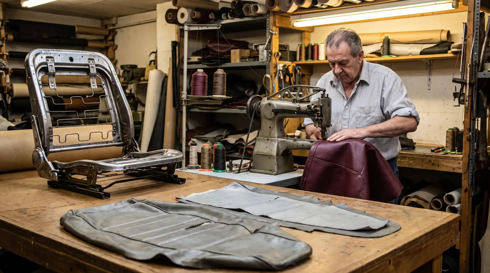 Auto trimmer sewing a custom burgundy leather seat cover with old covers laid out as patterns