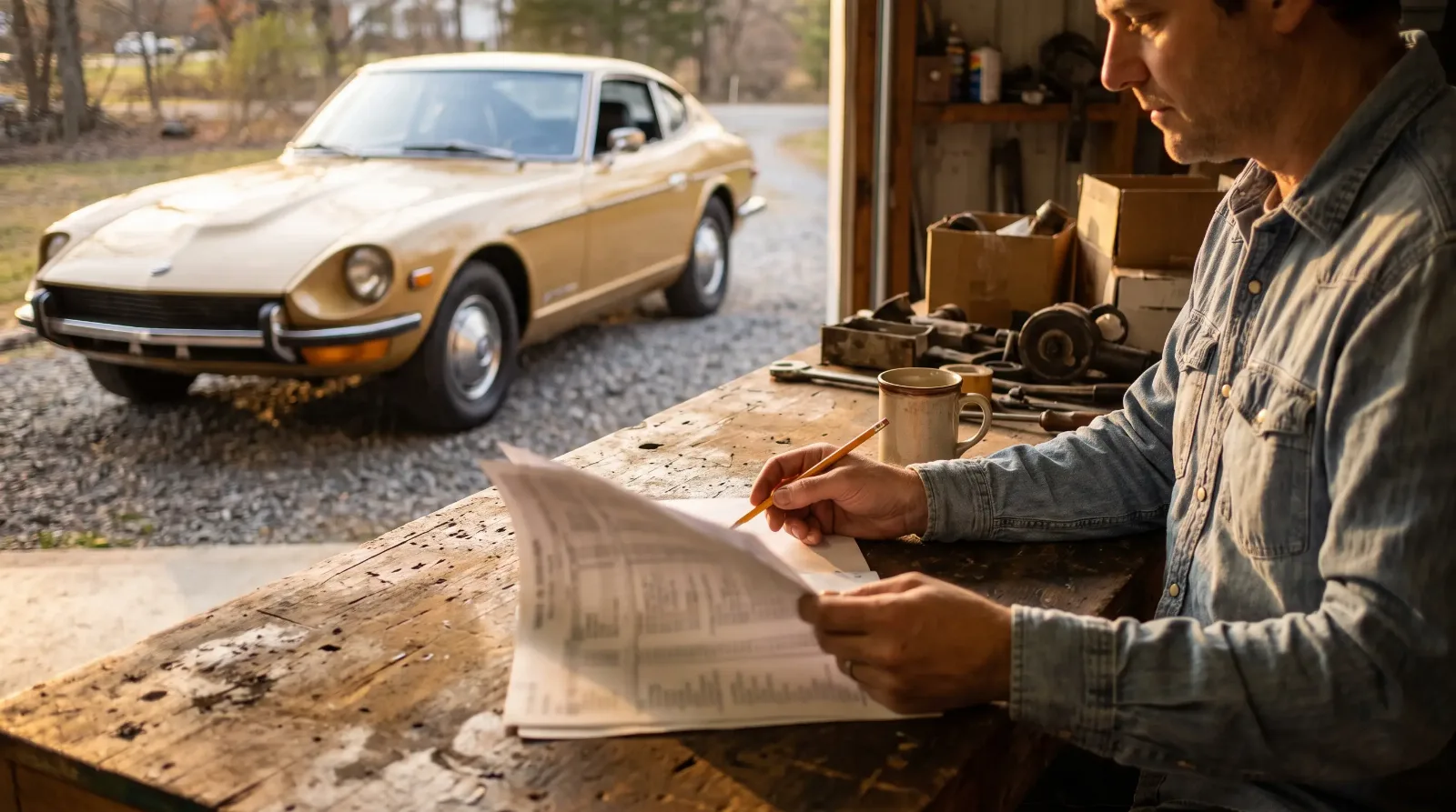 Owner compares printed price guide sheets at a garage bench beside a gold Datsun 240Z