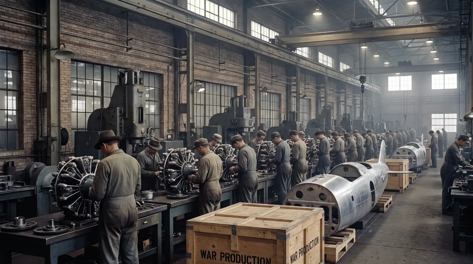 Wartime factory floor converted from car production to war work