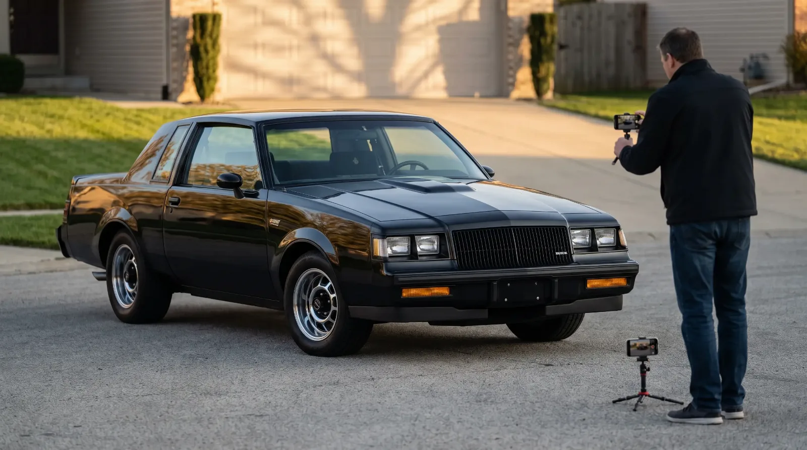 Owner photographing a black 1987 Buick Grand National with a phone in his driveway