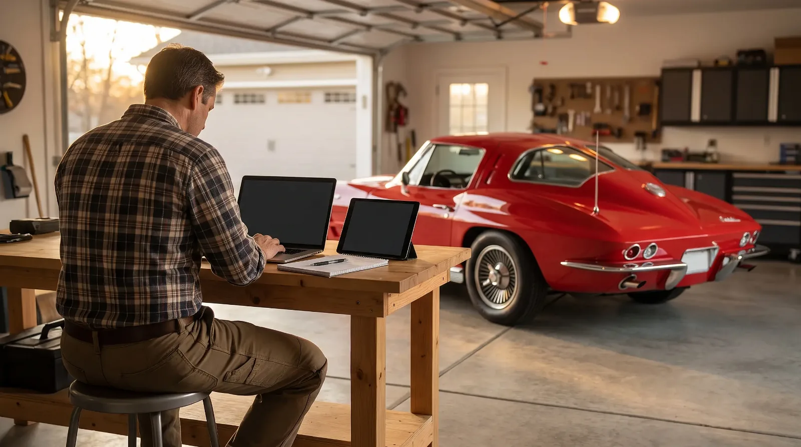 Seller comparing listing sites on a laptop and tablet beside a red 1963 Corvette