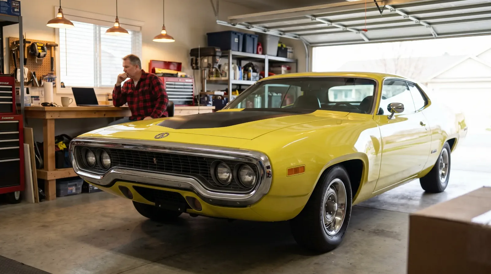 Yellow 1971 Plymouth Road Runner in a garage, owner deciding where to list it