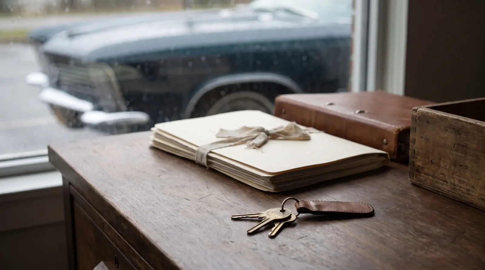 Tied bundle of old car records, a leather binder and keys by a window, a 1965 Riviera outside