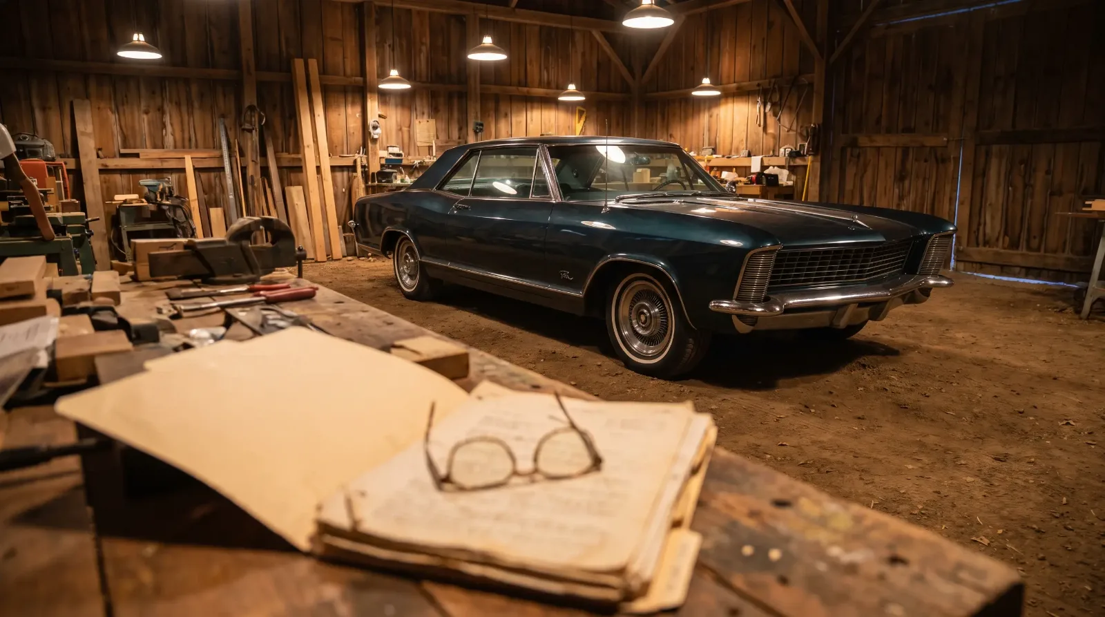 Dark aqua 1965 Buick Riviera in a barn workshop behind old paperwork