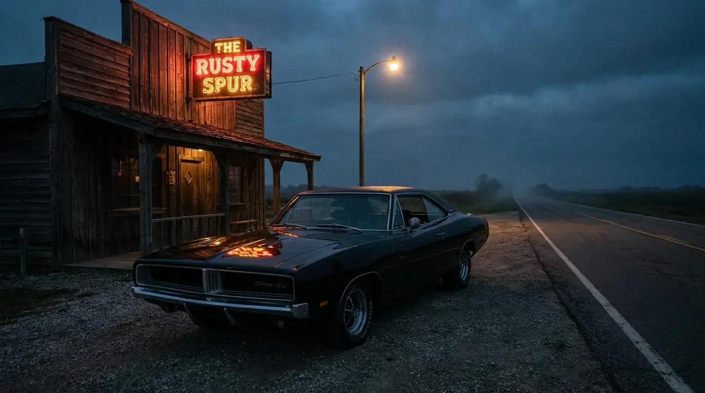 1969 Dodge Charger fastback at night outside a roadside bar