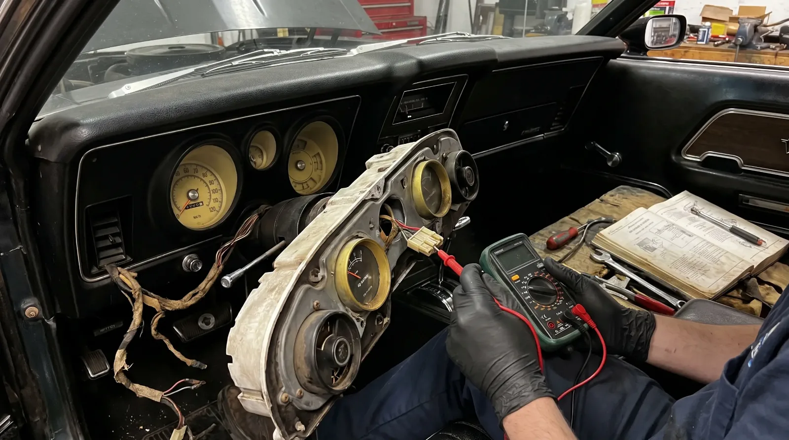 Technician testing a gauge sender circuit with a multimeter behind the pulled-forward cluster of a 1970s classic car