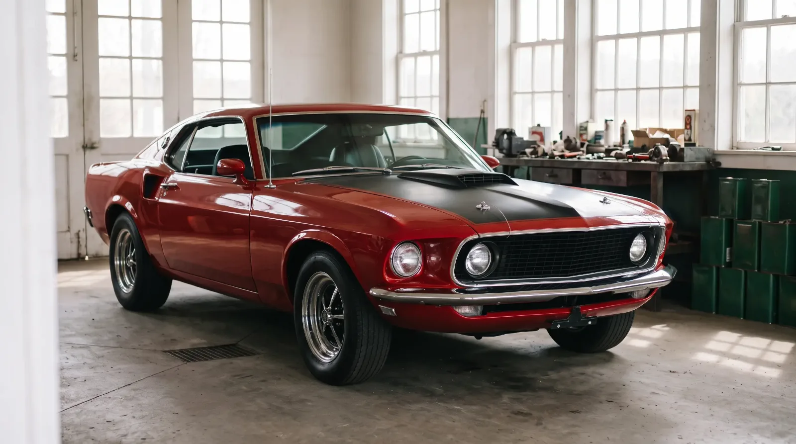 1969 Ford Mustang Mach 1 428 Cobra Jet, in a gas station service bay