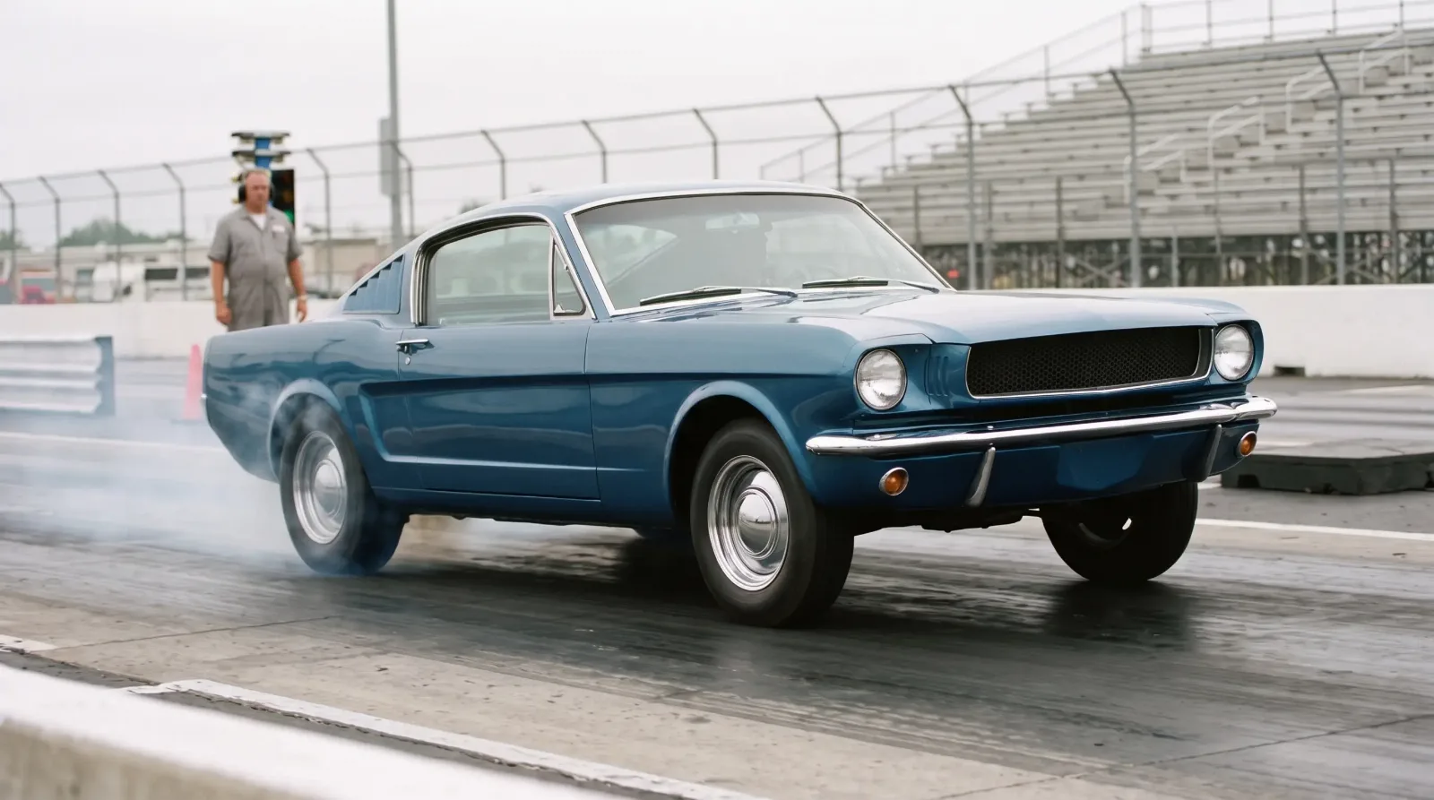 1965 Ford Mustang fastback, launching off a drag strip line