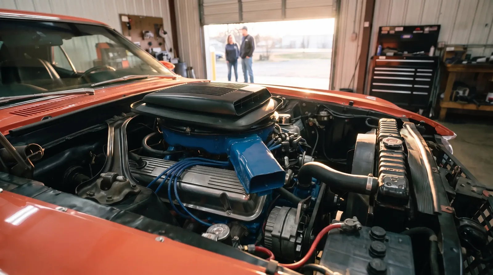 1969 Ford Mustang 428 Cobra Jet, engine bay in a workshop