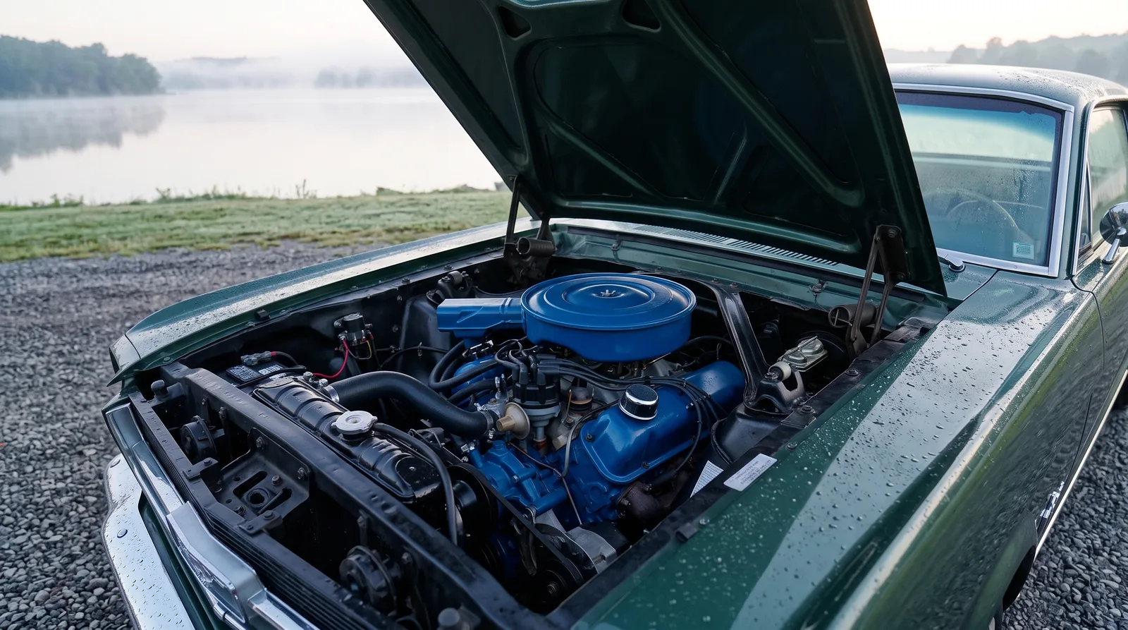 1966 Ford Mustang 289 V8, engine bay by a misty lake