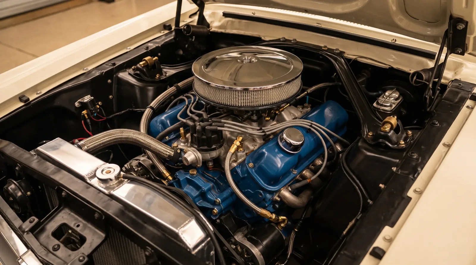 Detailed classic Ford Mustang small-block V8 engine bay