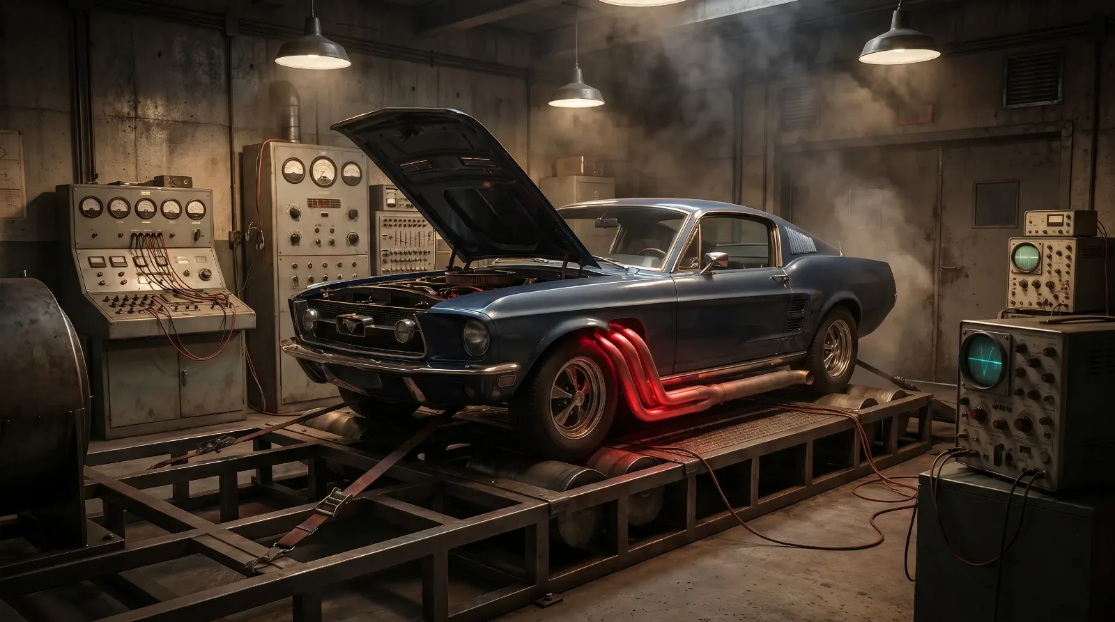 Classic Ford Mustang on an engine dynamometer