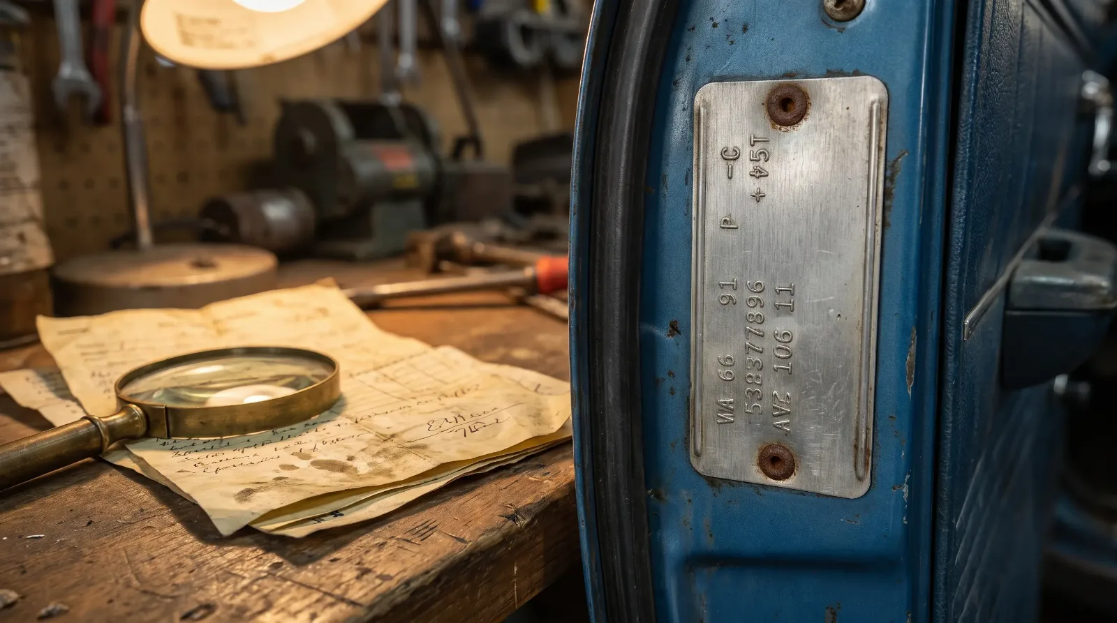 Classic Ford Mustang identification plate with a magnifying glass