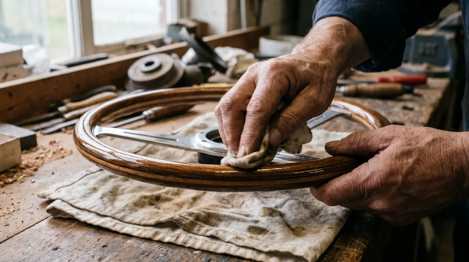 Craftsman hands rubbing out the fresh varnish on a laminated wood steering wheel rim in a workshop