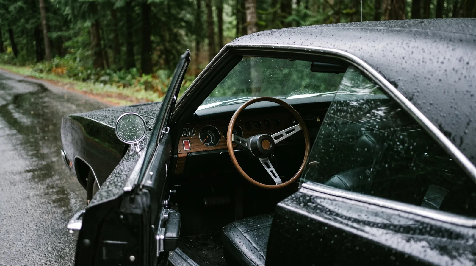 1969 Dodge Charger woodgrain steering wheel â€” open door in forest rain