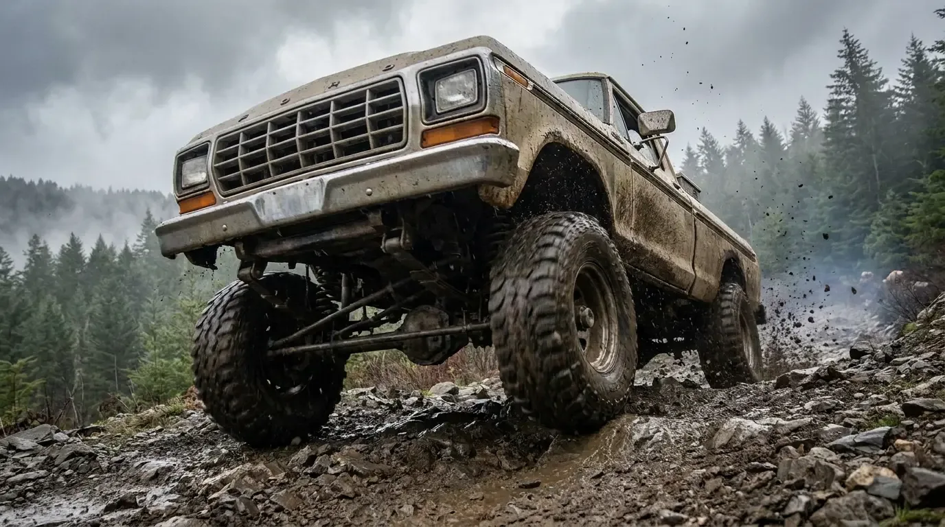 Low-angle view of a classic 4x4 pickup truck climbing a muddy off-road trail, showing its solid front axle and knobby mud-terrain tires