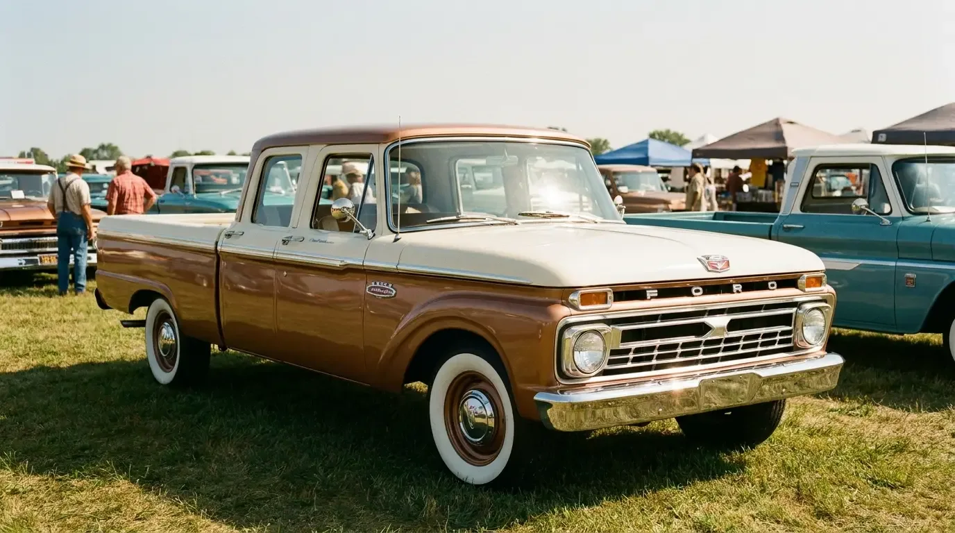 Classic four-door crew-cab pickup truck in three-quarter front view at a vintage truck show
