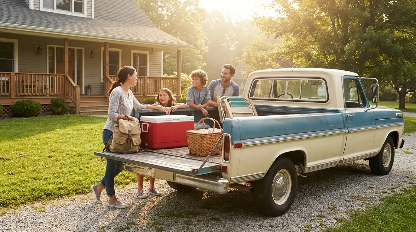 A family loads a classic pickup truck in a suburban driveway for a weekend outing on a sunny morning.