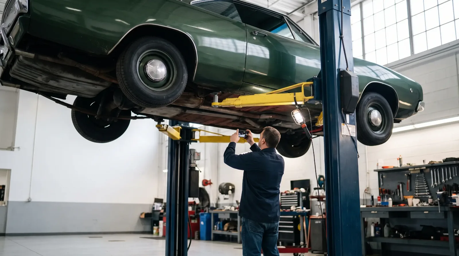 Green 1968 Dodge Charger on a lift as a mechanic photographs the underside
