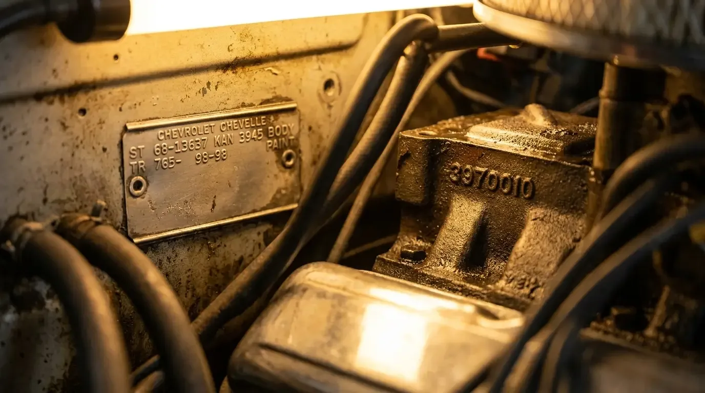 Chevrolet Chevelle cowl tag and engine casting number detail