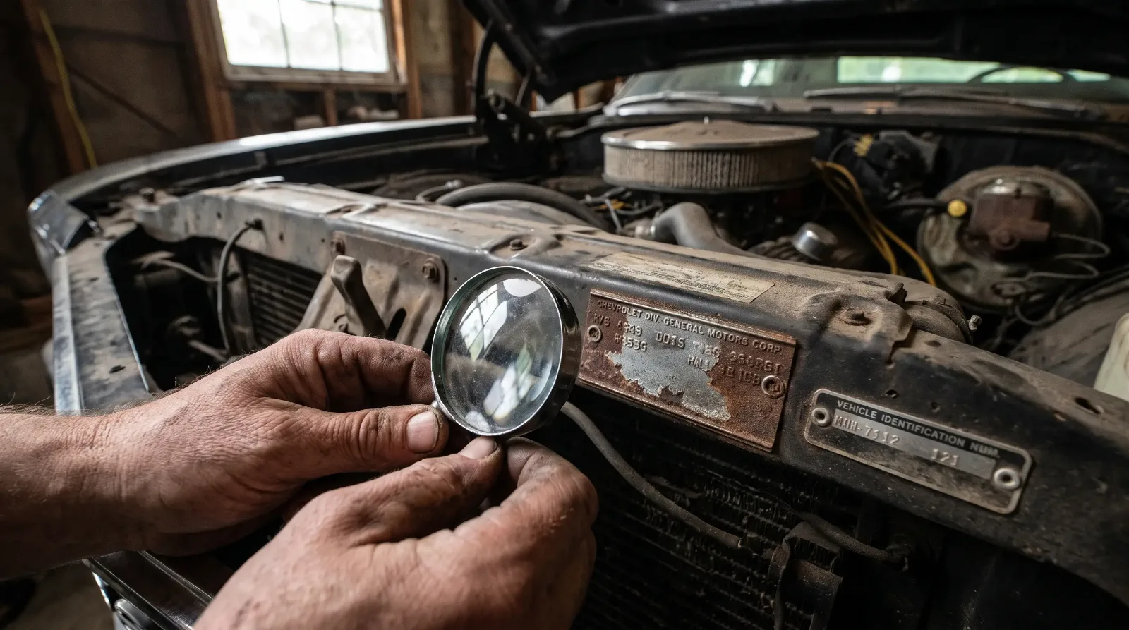 Hands inspecting the cowl fender tag on a Chevelle SS firewall