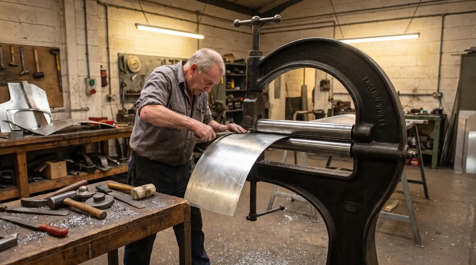 Shaping a body panel on an English wheel