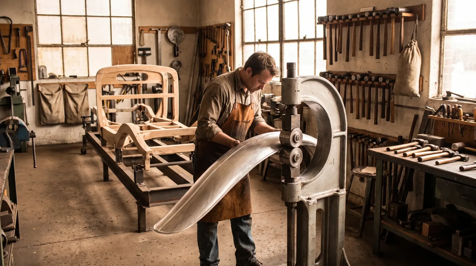 Coachbuilder shaping a fender on an English wheel — 1930s Duesenberg body restoration