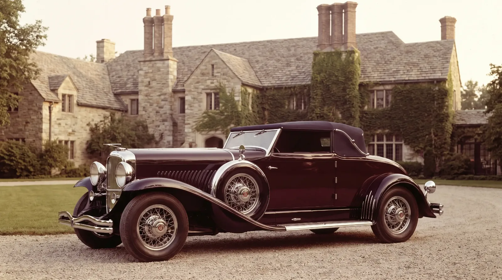 Murphy-bodied Duesenberg convertible at a grand estate
