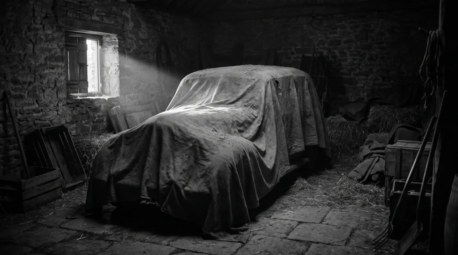 Coachbuilt car hidden under covers during wartime
