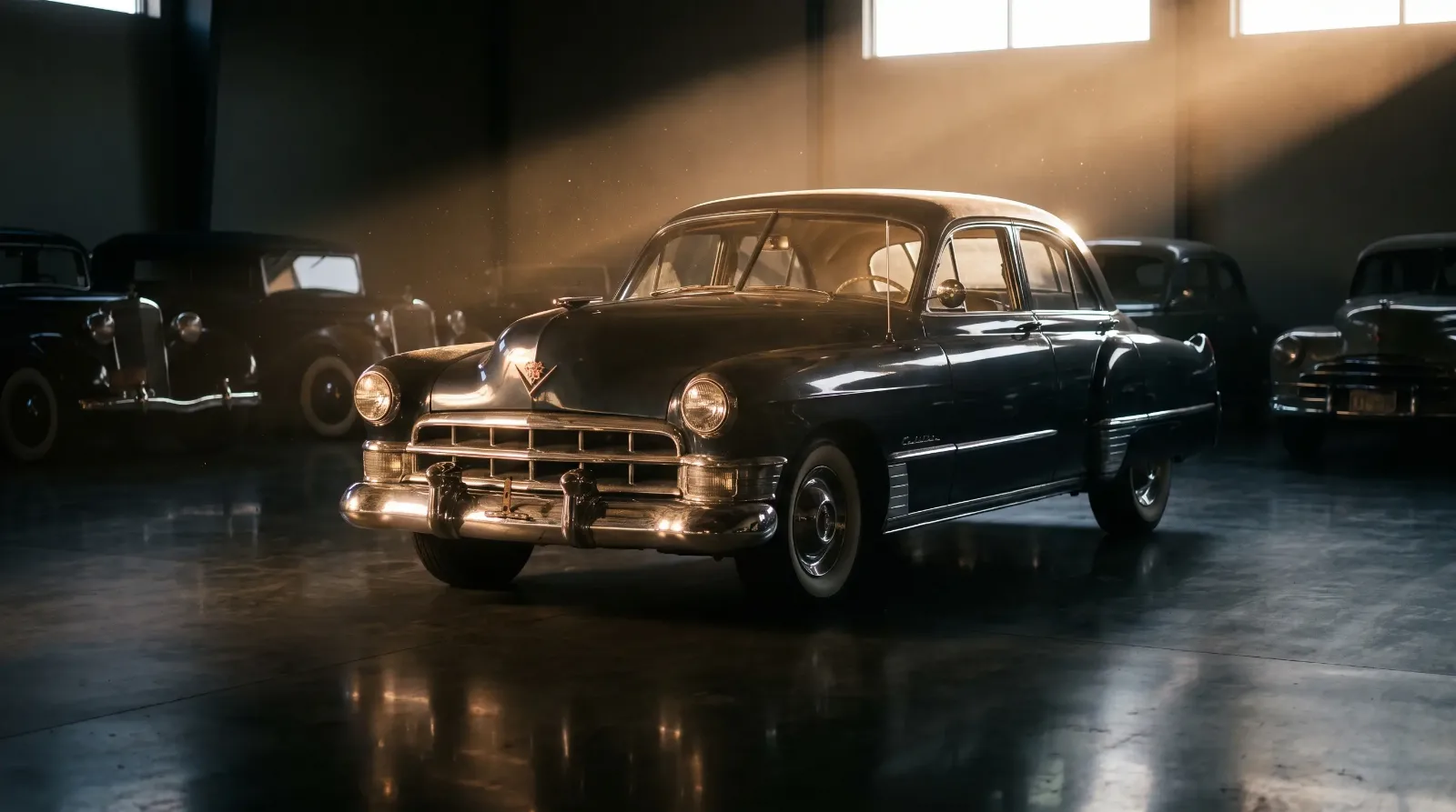 1948 tailfin Cadillac in dim showroom light