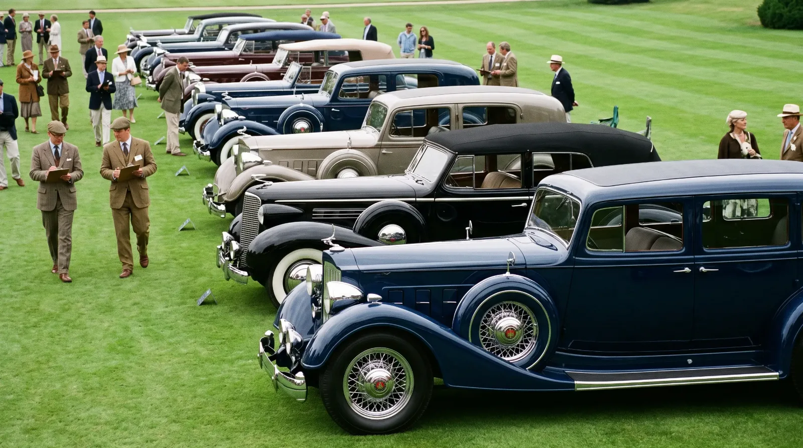 Pre-war Packard and Cadillac classics lined up on a concours show field