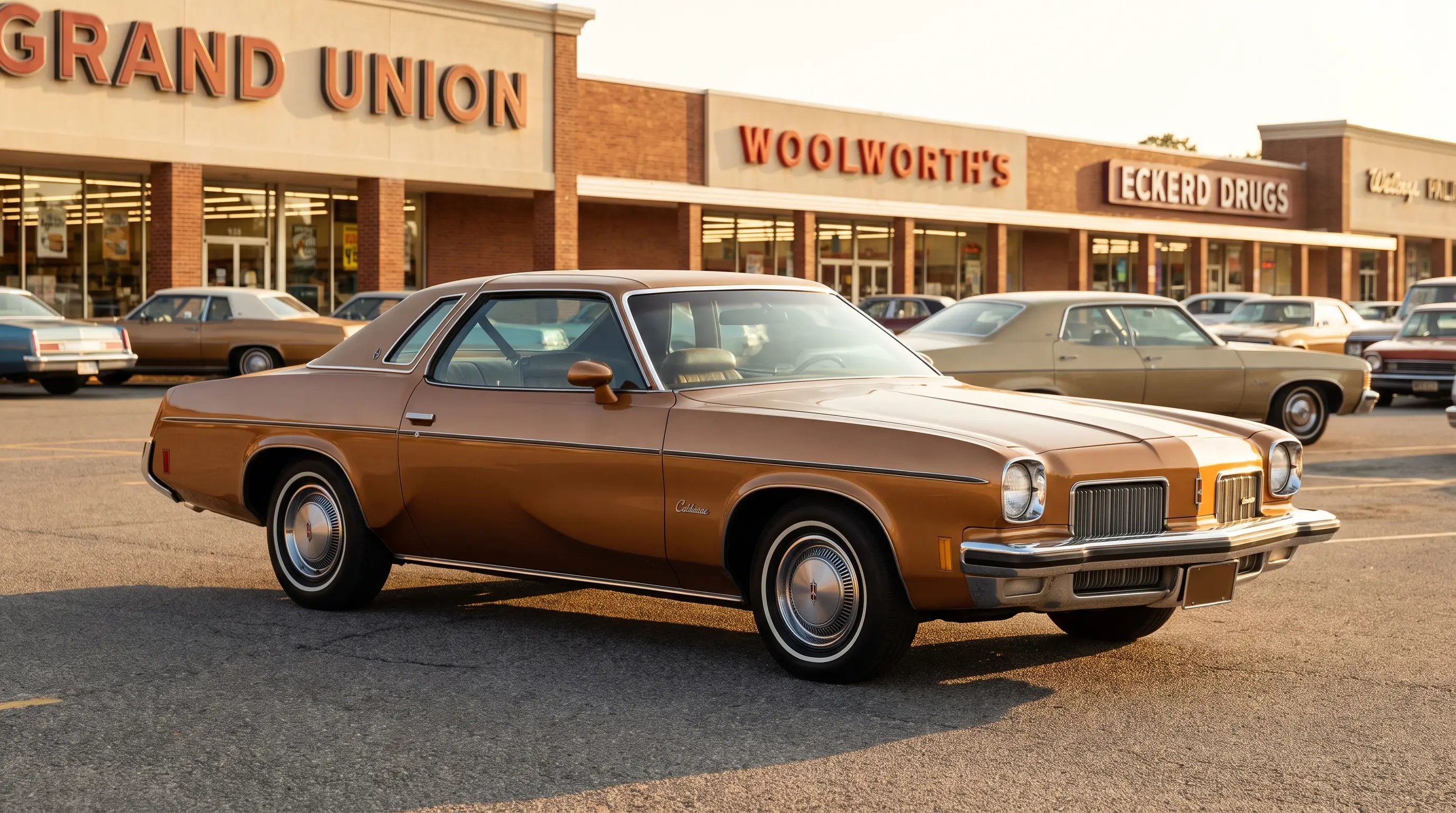 Bronze 1973 Oldsmobile Cutlass Supreme Colonnade coupe at a suburban plaza