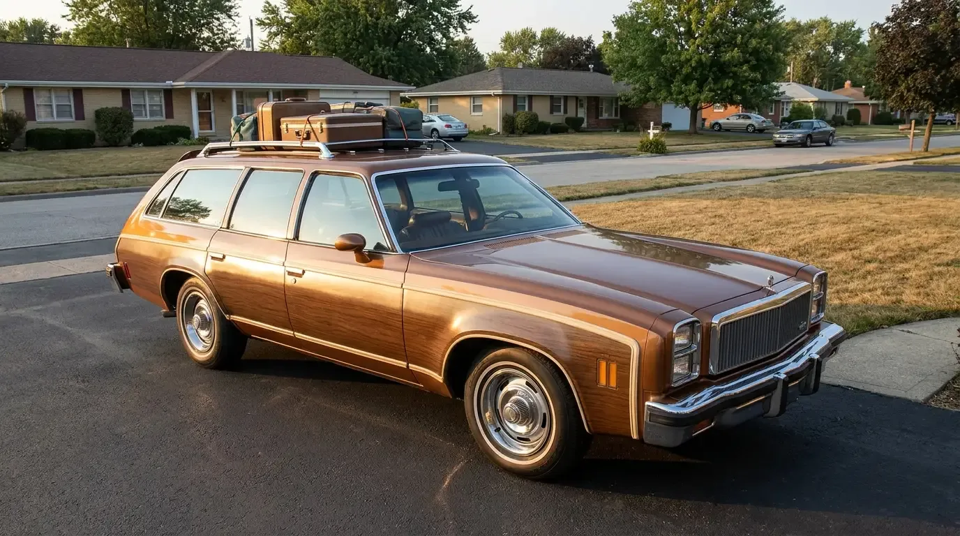 1975 Chevrolet Chevelle Malibu Classic Estate wagon - woodgrain paneling, driveway