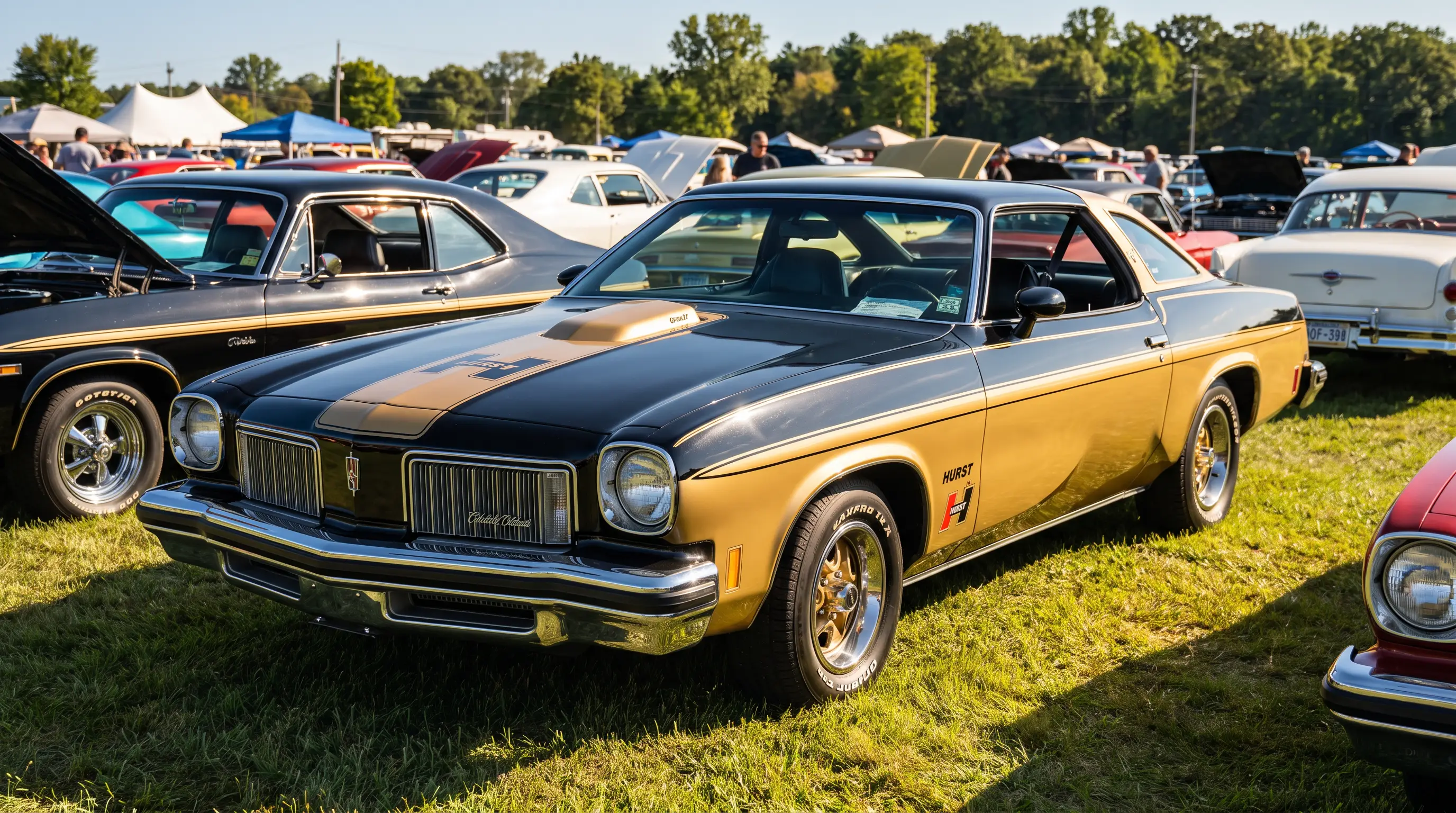 Black and gold 1974 Hurst Olds Cutlass Colonnade coupe at a sunny car show