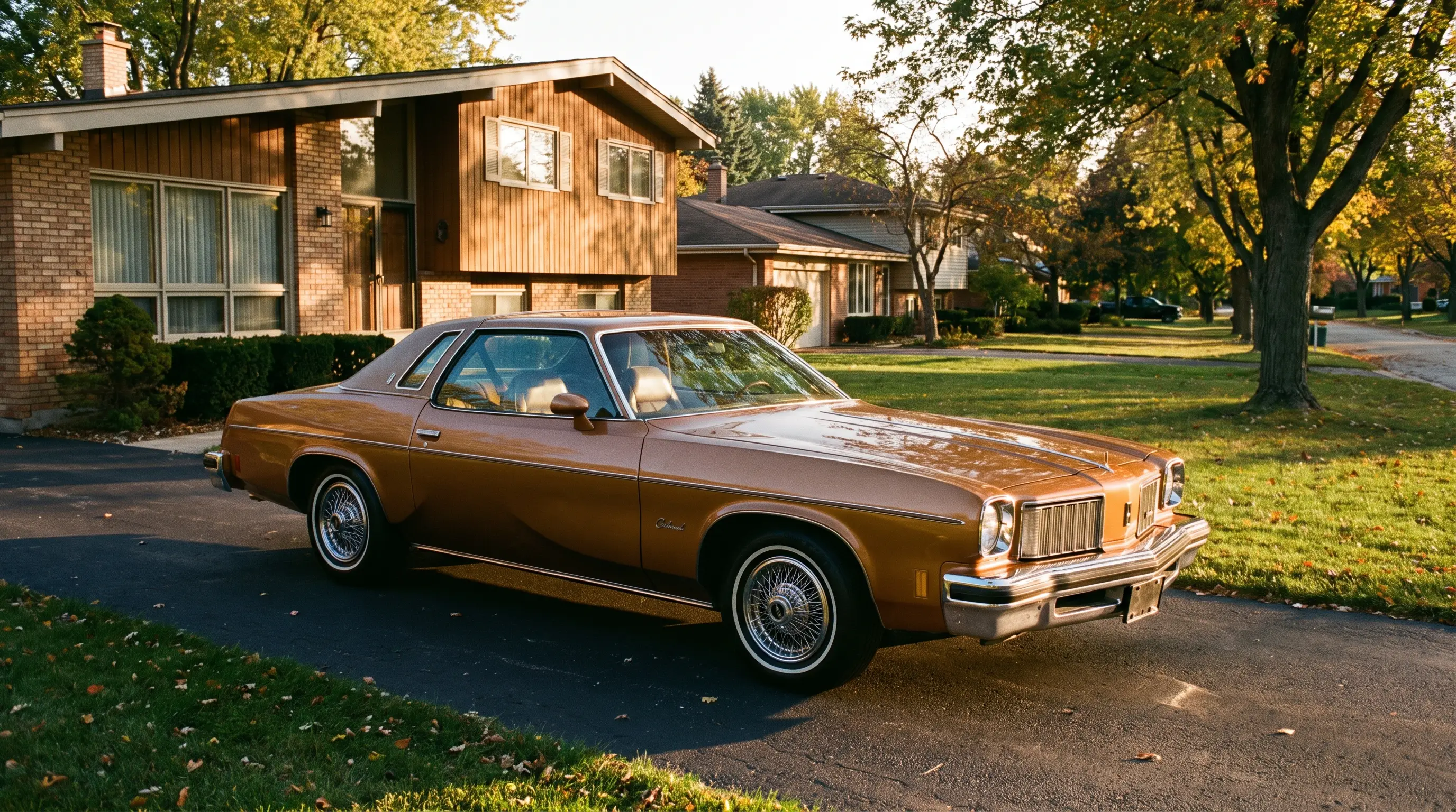 Bronze 1970s Oldsmobile Cutlass Supreme Colonnade coupe in a suburban driveway at golden hour