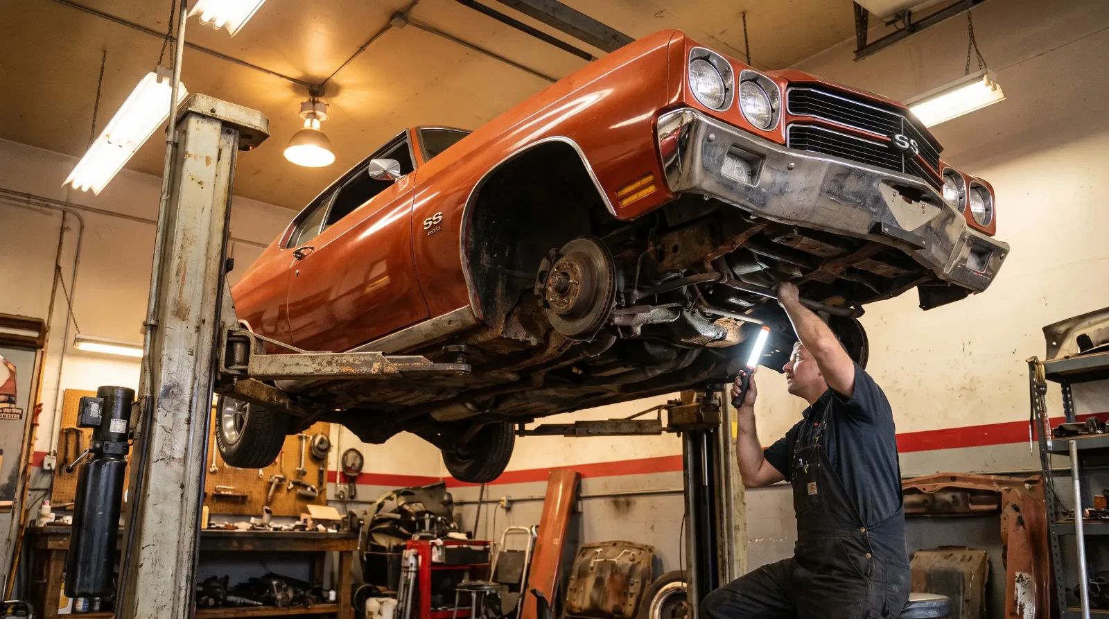 1970 Chevrolet Chevelle SS raised on a shop lift showing rusty floor pans and rocker panels