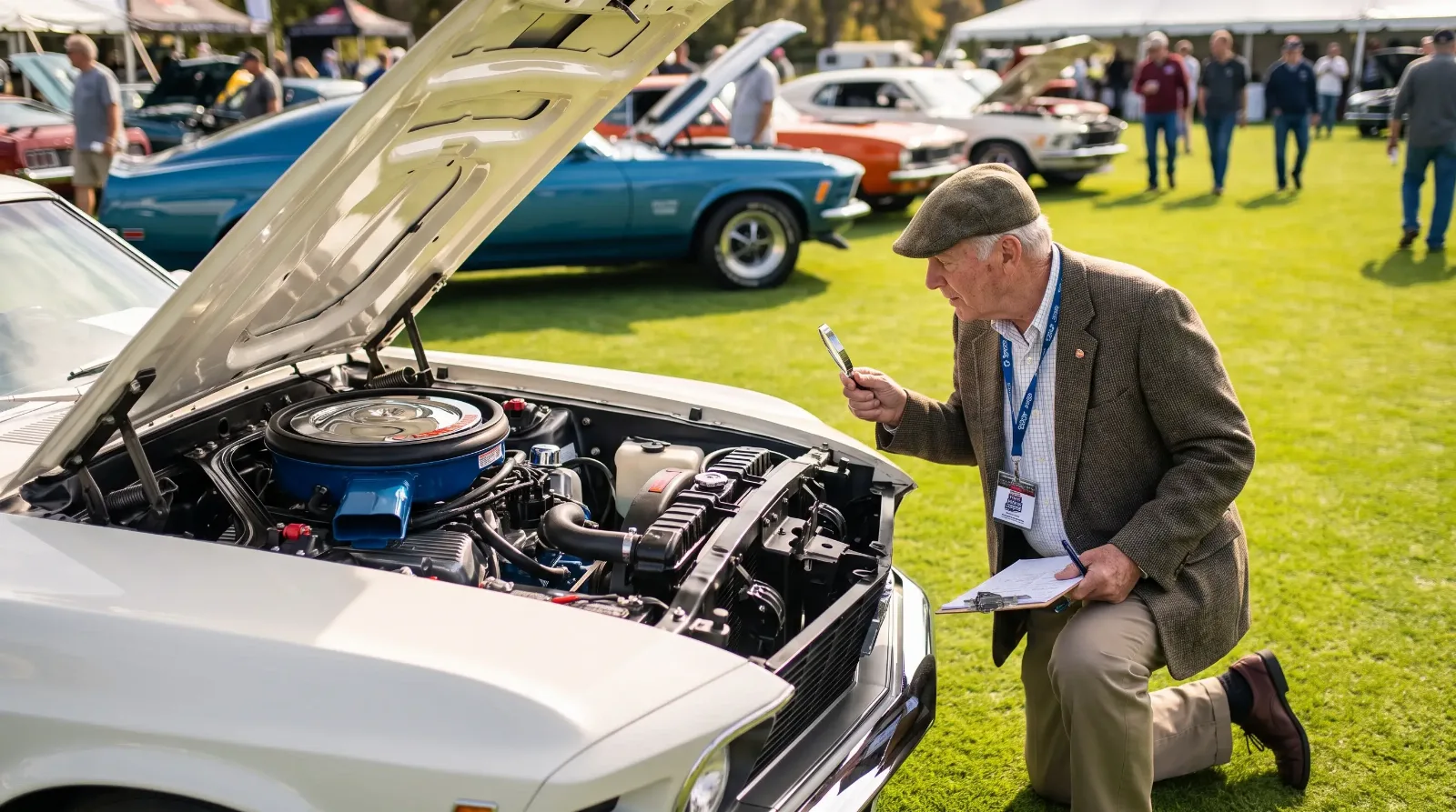 Concours judge inspecting the engine bay of a 1969 Ford Mustang Boss 429 on a show lawn