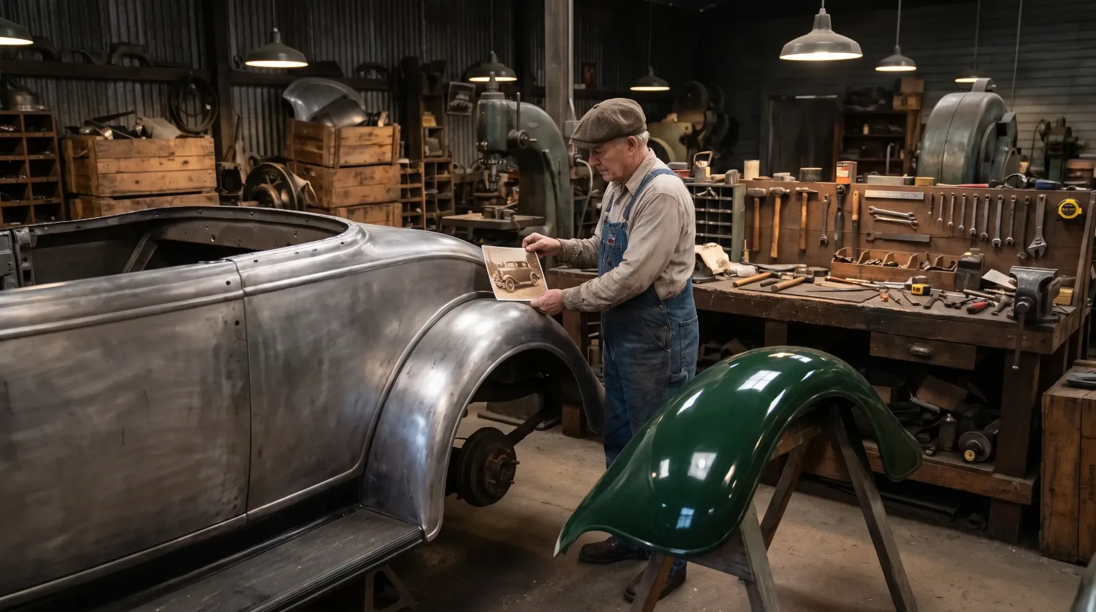 Craftsman restoring pre-war body panel to period reference
